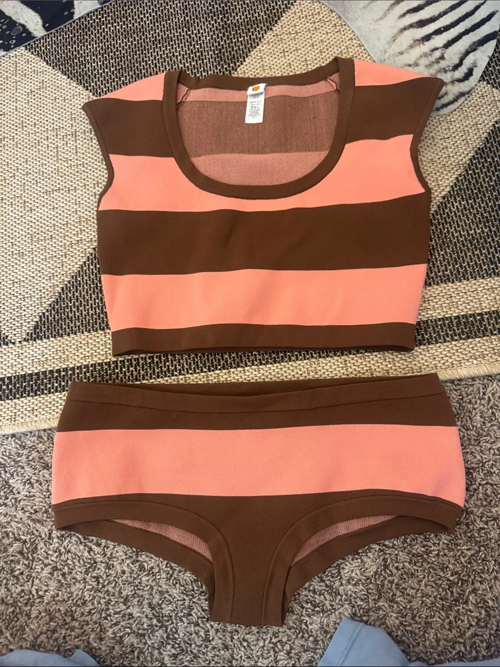 Striped Crop Bikini Set in Coral and Brown